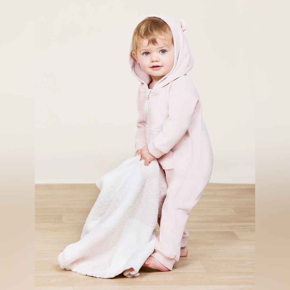 🆕 6-12M Barefoot Dreams Pink Dusty Rose LuxeChic Soft Baby Bear Onesie with Hood